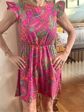 Women's Pink & Green Paisley Ruffle Sleeve Dress